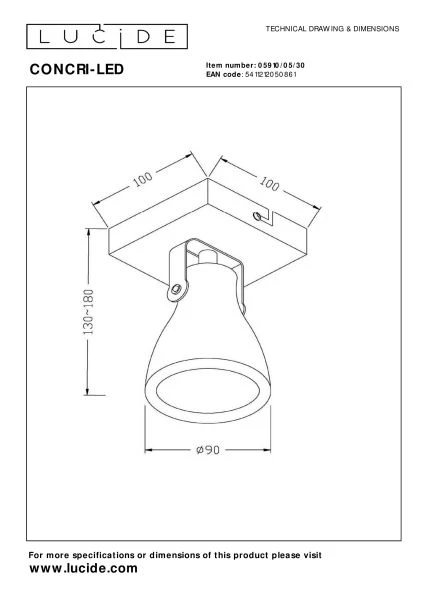 Lucide CONCRI-LED - Plafondspot - Ø 9 cm - LED Dimb. - GU10 - 1x5W 3000K - Zwart - technisch